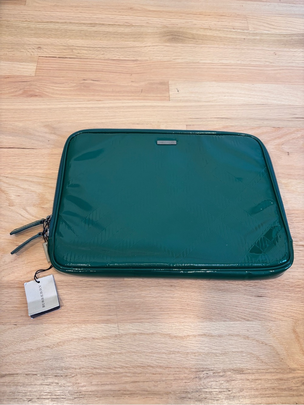 Burberry forest green patent leather laptop sleeve NWT